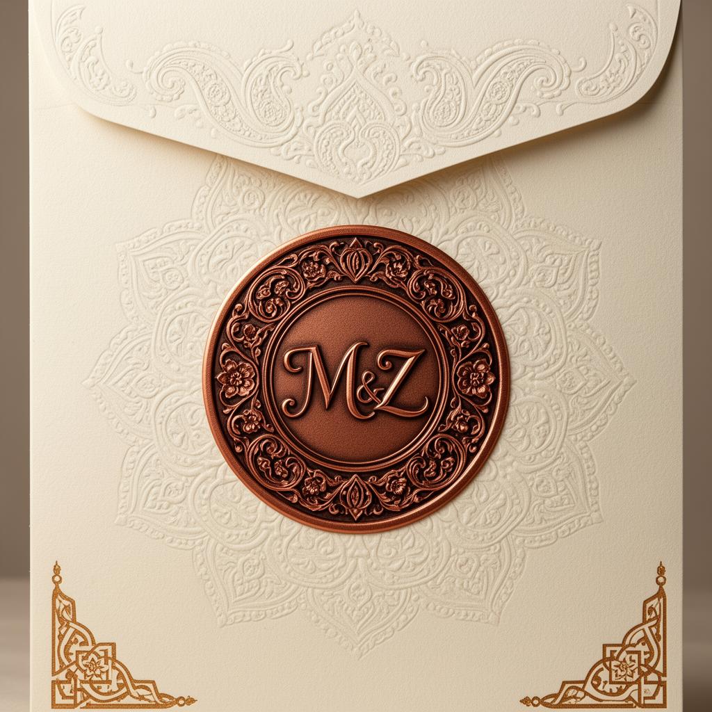 Embossed M&Z medallion on cream paper